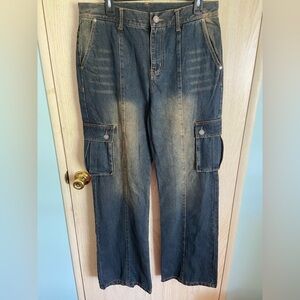 DITCH Denim Cargos Blue Straight Baggy Distresses Sz 34 X 34